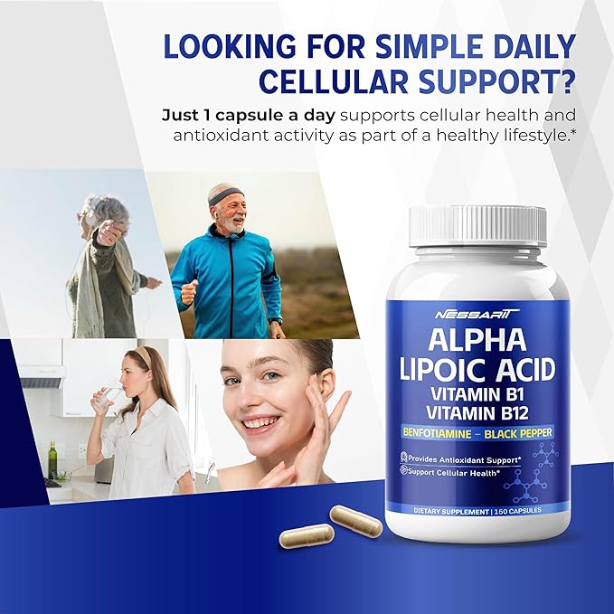 Alpha Lipoic Acid High Potency with Vitamin B1, Vitamin B12, Benfotiamine, Ubiquinol, Black Pepper - Support Cellular Health - 150 Count