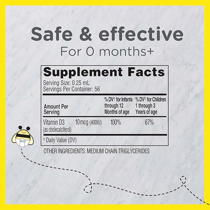 Zarbee's Vitamin D Drops for Infants,400IU (10mcg) Baby & Toddler Liquid Supplement,Newborn & Up,Dropper Syringe Included,0.47 Fl Oz,(Pack of 2)