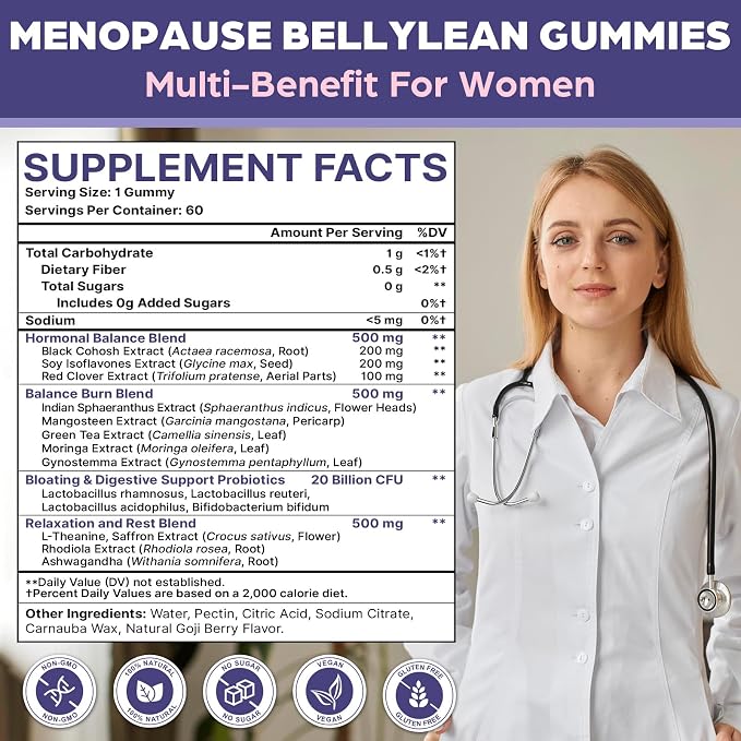 Menopause Supplements for Women, 60 Servings & 0 Sugar Menopause Gummies, Menopause Relief with Black Cohosh, Ashwagandha & Probiotics - Menopause Belly, Hormone Balance, Night Sweats & Mood Swings