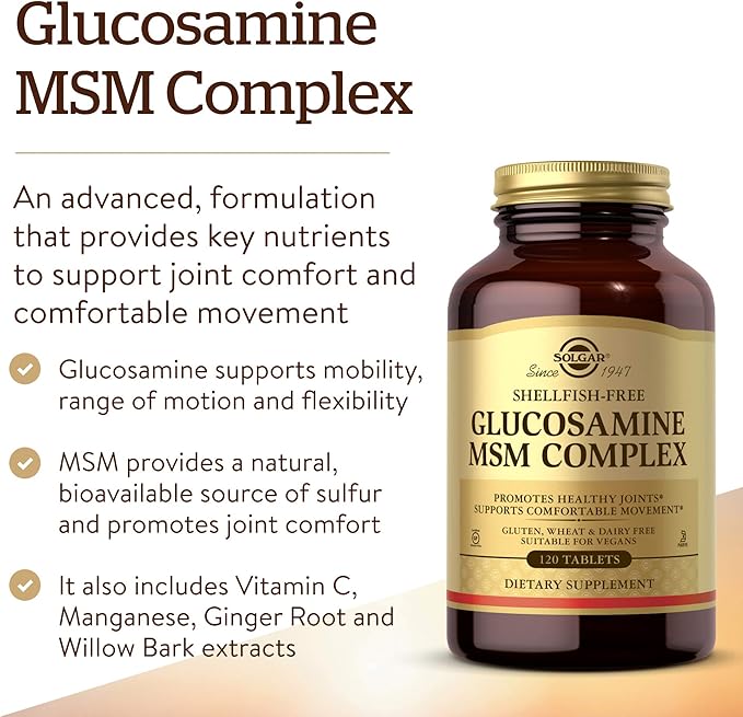 Solgar Glucosamine MSM Complex, 120 Tablets - Promotes Healthy Joints - Supports Range of Motion & Flexibility - Supports Collagen - Shellfish-Free - Gluten Free, Dairy Free, Kosher - 40 Servings