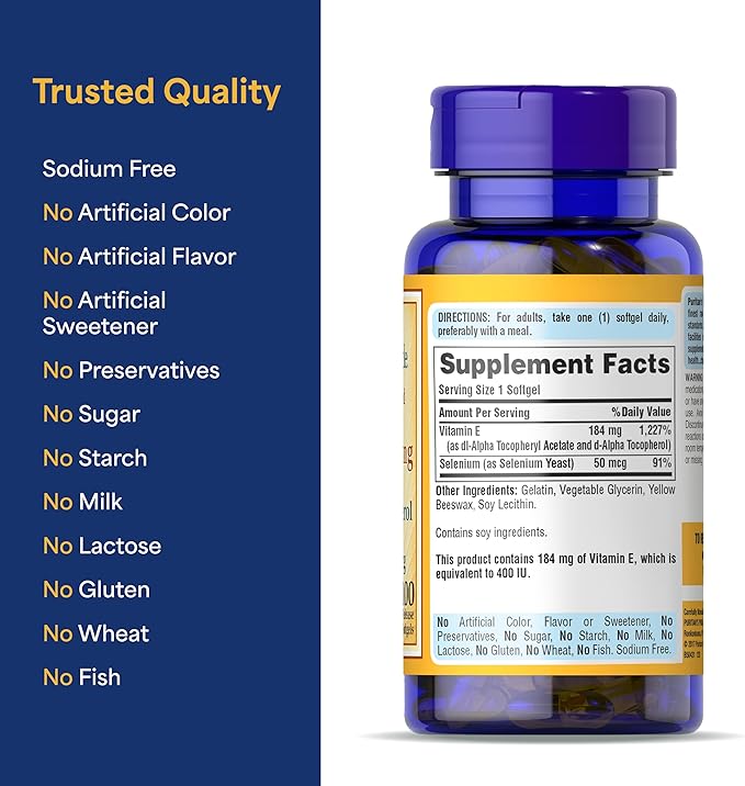 Puritan's Pride Vitamin E 184mg (400 IU) with Selenium 50mcg, Vitamin Supplement For Immune System and Antioxidant Health Support, 3 Month Supply, 100 Rapid Release Softgels