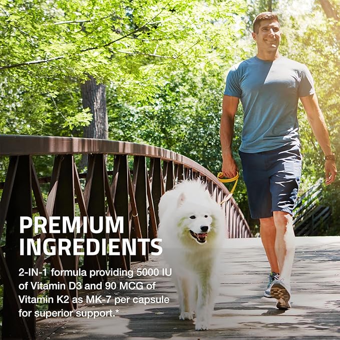 Bronson Vitamin K2 D3 (MK7) Supplement Non-GMO Formula Vitamin D3 5000IU (125 mcg) & 90 mcg K2 MK-7, Easy to Swallow D & K Complex, 60 Capsules