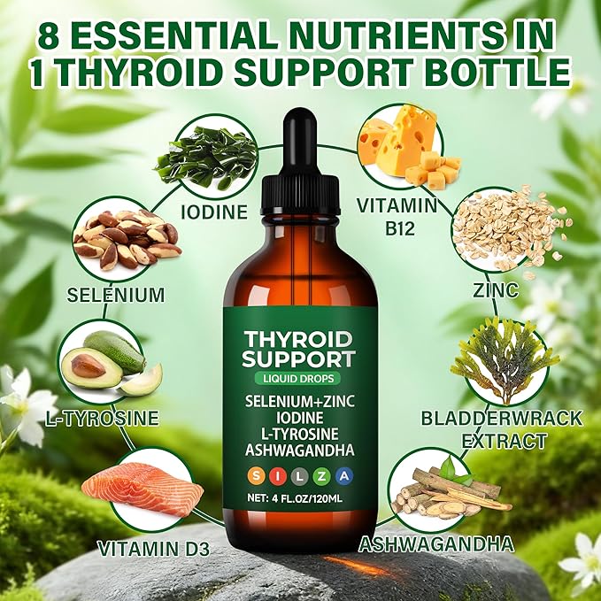 Thyroid Support Complex Liquid Drops for Women & Men - High Potency Iodine, Zinc, Selenium & Ashwagandha for Cortisol & Stress Relief - Natural Metabolism & Energy Booster - 4 oz (120ml)