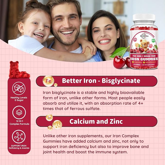 Iron Supplement Gummies for Kids - with Calcium, Zinc, Kids Multivitamin with Iron Gummies - Immune Support, Blood Builder & Energy Support for Iron Deficiency, Anemia, Cherry Flavor, 60 Gummies
