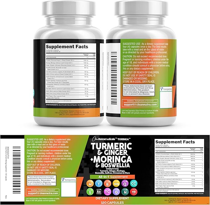 Turmeric Moringa Supplement | Ginger Boswellia Saffron - Supplement for Women and Men with Ceylon Cinnamon, Tart Cherry, Quercetin Garlic Nettle Holy Basil - 2Pack