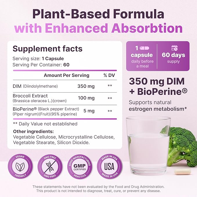DIM for Women 350mg High Potency with BioPerine® & Broccoli Extract – 455mg Total Complex for Hormone Balance, Estrogen Metabolism, PMS & Menopause Support, Clear Skin & Women’s Wellness, 60 Capsules