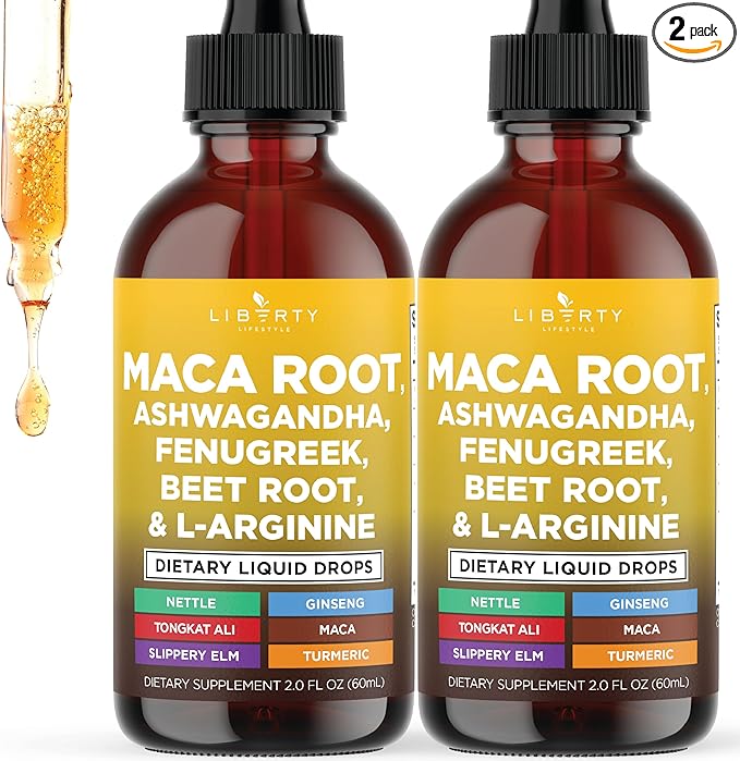 Organic Maca Root Liquid Drops with Ashwagandha, Nettle, Fenugreek, Beet Root and L-Arginine Liquid Multivitamin for Women and Men - 4oz