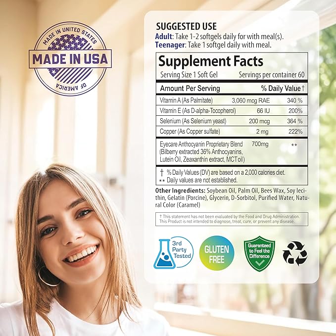 NANOWELL EyeCare Anthocyanins 100 - Eye Health Supplement with Bilberry, Zeaxanthin, Lutein, Anthocyanins, Vitamin A, E, Selenium & Copper - 60 Softgels, 60 Day Supply