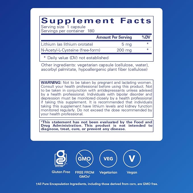 Pure Encapsulations Lithium Orotate 5 mg - Brain Support Supplement - with N-Acetyl-L-Cysteine (NAC) for Memory & Brain Behavior* - Gluten Free & Non-GMO - 180 Capsules