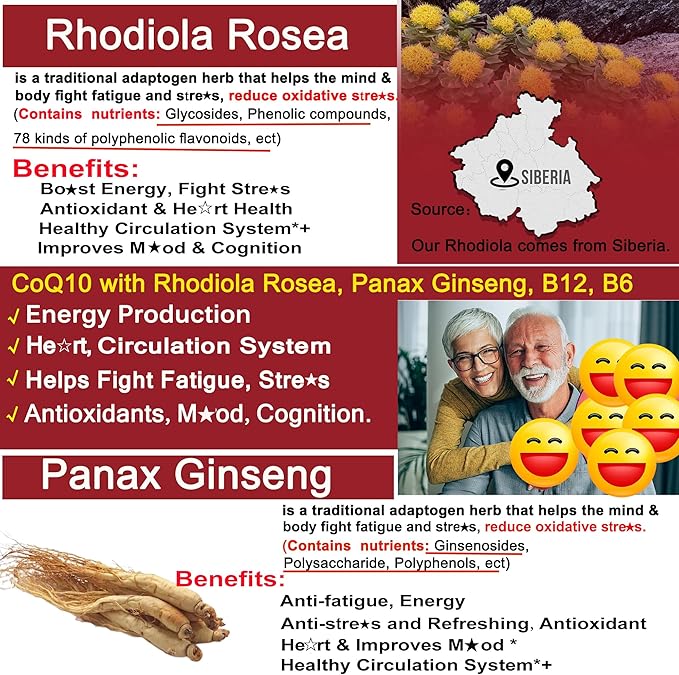 Sugar Free CoQ10 Gummies 200mg/400mg, w/ Methyl B12 1000mcg, B6, Rhodiola Rosea & Panax Ginseng, Ultra Absorption CoQ10 Supplement for Energy, Hear-t Health, Antioxidant & Brain Support,60-Day Supply