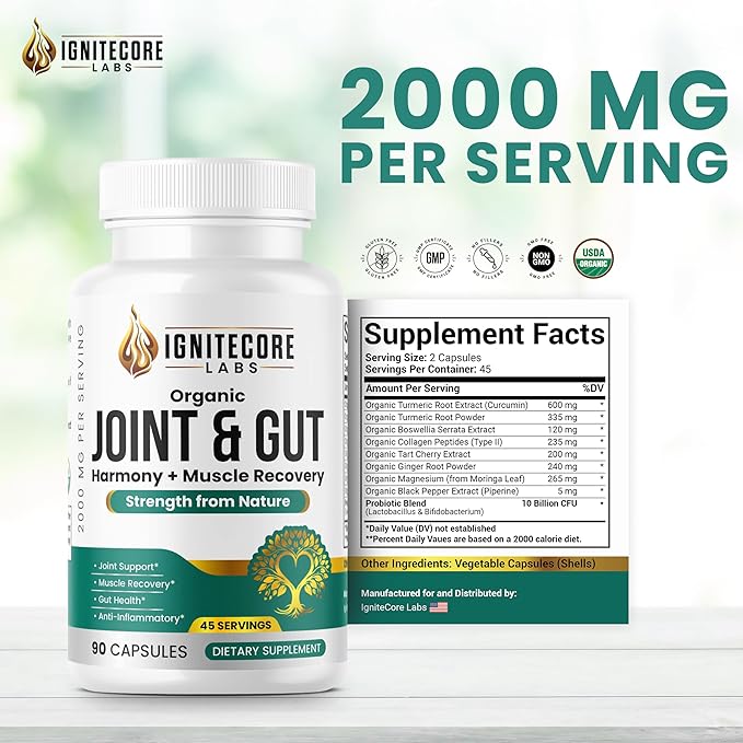 Organic Joint & Gut Harmony – Turmeric Curcumin, Boswellia, Type II Collagen, Tart Cherry, Ginger, Moringa, Probiotics – Joint Comfort, Mobility, Flexibility, Gut Balance, Digestive Support – 2000mg