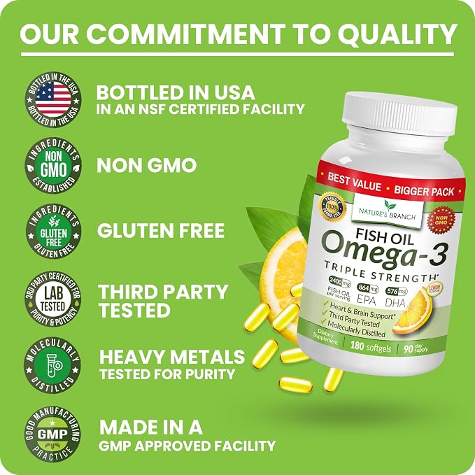 Triple Strength Omega 3 Fish Oil Supplements 2400mg | 180 Capsules, Burpless High Potency Lemon Flavor, High EPA DHA for Men & Women Ultra Pure Softgels | Joint Support, Eyes, Heart Brain Health Pills