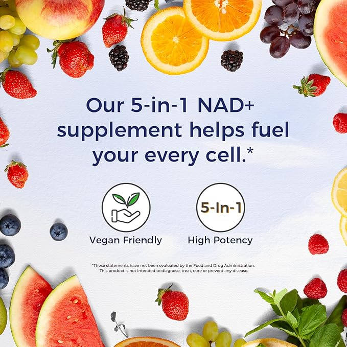 Vitalitown 5 in 1 NAD+, NMN Supplement Alternatives, Nicotinamide Riboside (NR), Trans-Resveratrol, Quercetin, Niacinamide, L-Tryptophan, for Cellular Energy, Heart, Skin, 60 Veggie Capsules