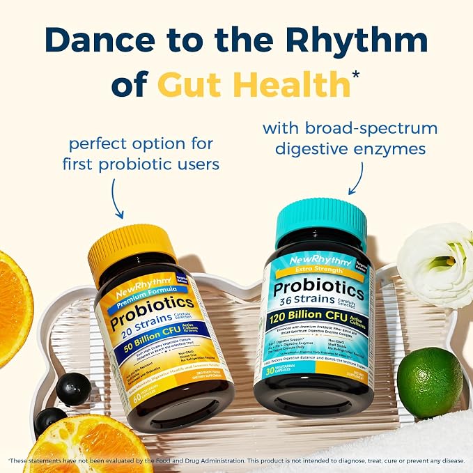 NewRhythm Probiotics 50 Billion CFU 20 Strains, 120 Veggie Capsules, Targeted Release Technology, Stomach Acid Resistant, No Need for Refrigeration, Non-GMO, Gluten Free