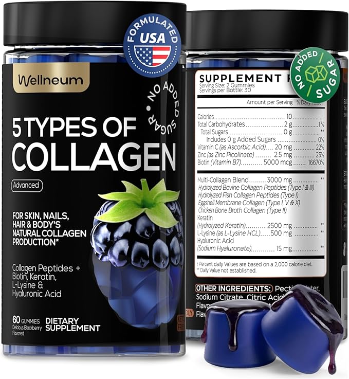 Collagen Peptides Gummies Sugar Free 3000mg Multi Collagen Blend for Hair Skin & Nails Support + 2500mg Keratin + 5000mcg Biotin, Hyaluronic Acid, Vitamin C & Zinc, 60 Gummies (Packaging May Vary)