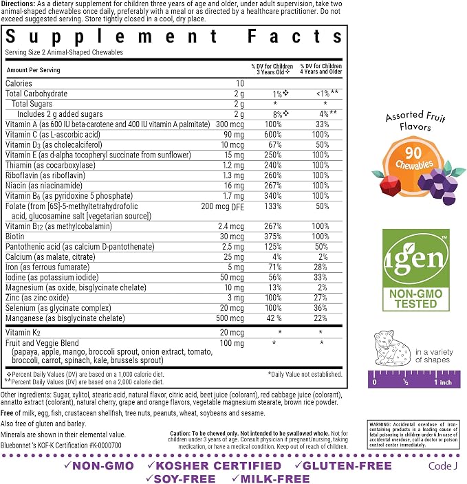 Bluebonnet Nutrition Rainforest Animalz Whole Food Based Multiple Chewable Tablets, Kids Multivitamin & Mineral, Vitamin C, D3, Iron, Gluten Free, Milk Free, Kosher, 90 Chewable Tablets, Mixed Flavors