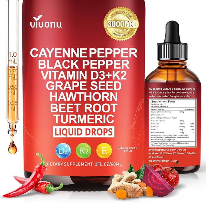 Cayenne Pepper Drops Supplement, Liposomal Tech 98% Absorption, Supports* Leg Vein, Heart & Blood Vessel* Health, with Vitamin E D3+K2 & Extracts of Grape Seed, Hawthorn, Beetroot, Berberine (2 Pack)