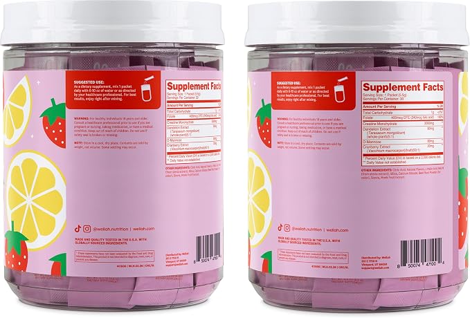Wellah Creatine for Women (Strawberry Lemonade) 30 Stick Packs - 3g of Creatine Monohydrate with Dandelion & Cranberry Extract, to-Go Packets