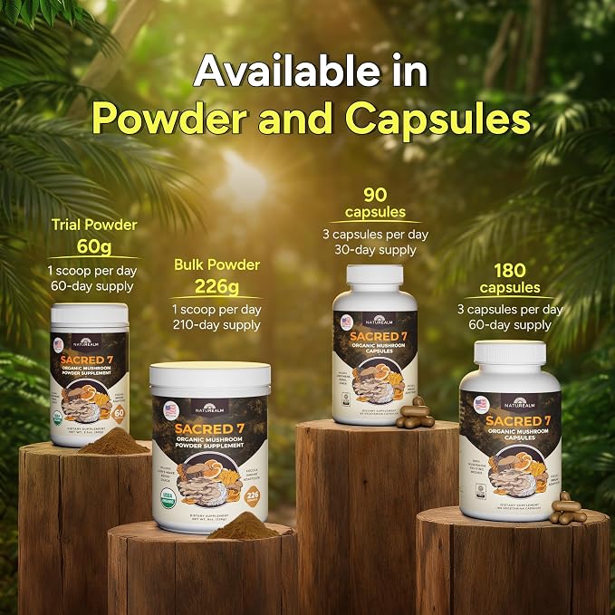 Sacred 7 Mushroom Powder Supplement, 7-in-1 Blend (60 Day Supply) | Immune Defense, Focus & Energy Support | Coffee Enhancer | Lion’s Mane, Reishi, Chaga | Organic 100% Fruiting Body Extract