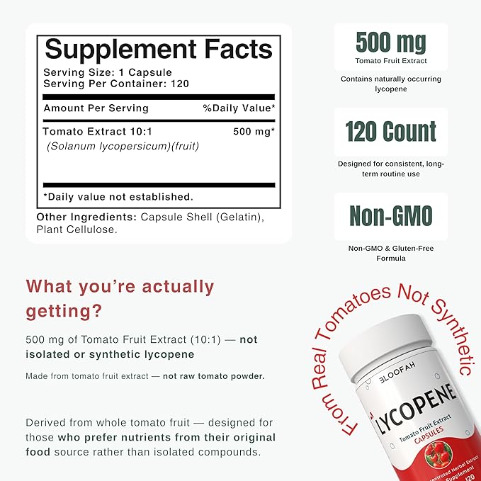 500mg Lycopene Supplement Tomato Extract 10:1 Capsules - 120 Count | 100% Pure, Non-GMO & Gluten Free Formula | Natural Carotenoid Supplement for Health and Wellness Support