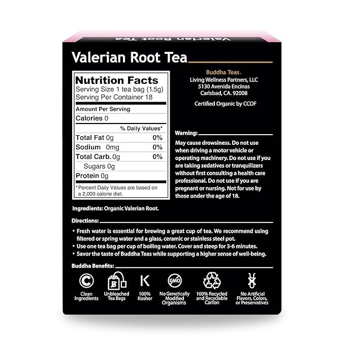 Buddha Teas Organic Valerian Root Tea - OU Kosher, USDA Organic, CCOF Organic, 18 Bleach-Free Tea Bags