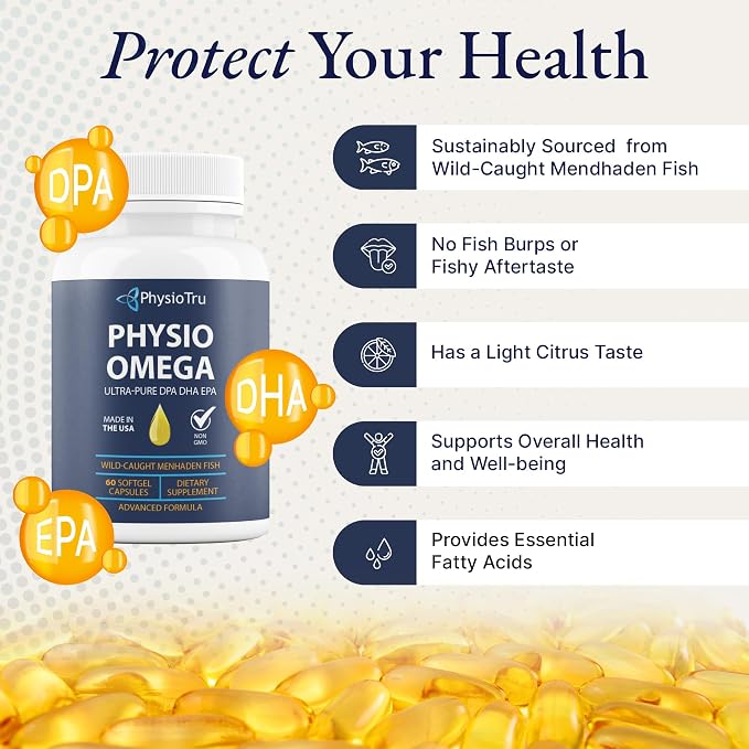 Physio Omega 2400mg Fish Oil with Omega 3 Fatty Acid Supplement - Vascular & Cognitive Supplements for Adults - Non-GMO, Burpless, Light Citrus Flavor, Sustainably Sourced - 4 Packs, 240 Softgels