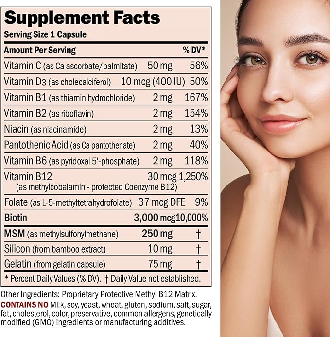 ANDREW LESSMAN Healthy Hair, Skin and Nails 60 Capsules - 3000 mcg High Bioactivity Biotin, B-Complex. Promotes Beautiful Skin, Strong Nails. No Additives Hair Growth Vitamins Biotin Supplement