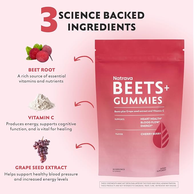 Natrava Beets+ Gummies - Premium Beet Root Powder, Grape Seed Extract and Vitamin C - Supports Healthy Blood Pressure and Heart Health - Low Sugar Nitric Oxide and Circulation Supplement - 50 Gummies