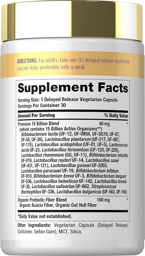 Carlyle Probiotic | 15 Billion CFU | 30 Capsules | 10 Probiotic Strains with Prebiotic Fiber | Delayed Release | Non GMO, Gluten Free