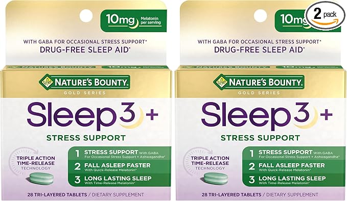 Nature's Bounty Sleep + Stress Support, Sleep3 Maximum Strength 100% Drug Free Sleep Aid, Dietary Supplement with Ashwagandha, Time Release Technology, 10mg, 28 Tri-Layered Tablets (Pack of 2)