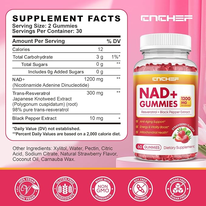 NAD+ Gummies, 1200mg Liposomal NAD Supplement for Women & Men with Trans-Resveratrol & Black Pepper Extract Anti-Aging Supplement, Brain & Cellular Mitochondrial Health - 120 Gummies Strawberry