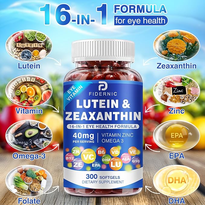 Lutein and Zeaxanthin Supplement - AREDS 2 Plus+ Eye Vitamins, 40 mg Lutein & 8 mg Zeaxanthin with Vitamins C, E, Zinc, Omega-3 & CoQ10 for Blue Light Protection, Eye Health Support  - 300 Softgels