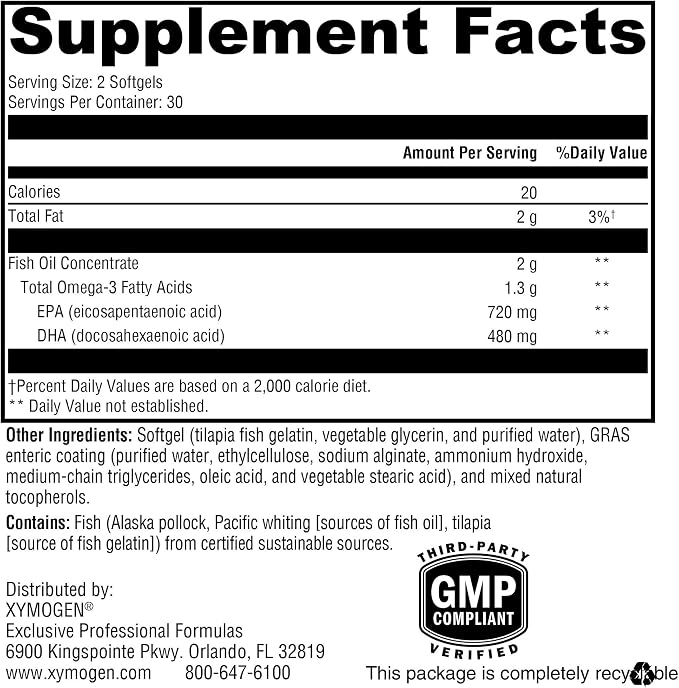 XYMOGEN OmegaPure 600 EC - Cardiovascular & Brain Support - IFOS Five-Star Certified Fish Oil - DHA EPA Omega-3 Supplement - Enteric Coated Softgels - 60 Softgel Tablets