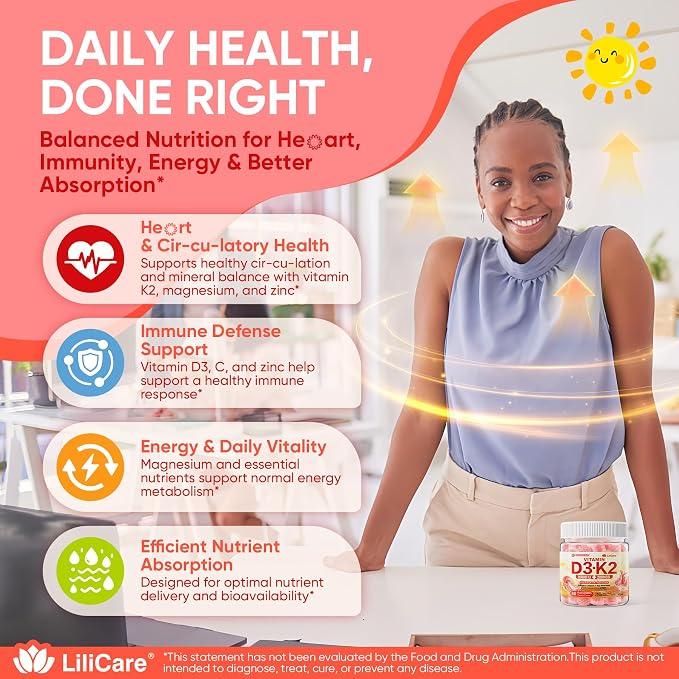 Vitamin D3 K2 Filled Gummies 5000IU / 10,000 IU with 500mg Calcium + K2(MK-7) 200mcg, Magnesium, Vitamin C & Zinc, Extra Strength - Ultimate Absorbency for Bones Muscles Teeth, Vegan -- Pack of 2