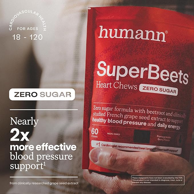 Humann SuperBeets Heart Chews Zero Sugar, Beet Root Supplement, Energy, Nitric Oxide and Blood Pressure Support, Grape Seed Extract & Non-GMO, Heart Health, Pomegranate Berry Flavor, 60 Count