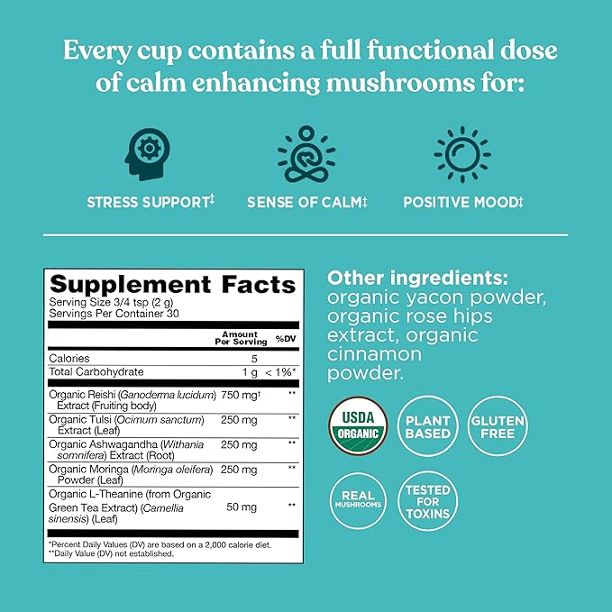 Four Sigmatic Calm Mushroom Blend | Adaptogen Supplement with Ashwagandha, Reishi, Tulsi, Cordyceps, Chaga, Rose Hips, and More | Natural Stress Relief and Immune Support Supplement | 30 Servings