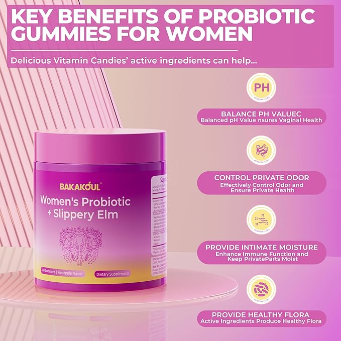 BAKAKOUL Feminine Probiotics Gummies for Women, Vaginal Probiotics with Slippery Elm,Prebiotics & Probiotics Supports pH Balance,Immune Health, Vegan, Non-GMO, Pineapple Flavor,60 Gummies 1 Pack