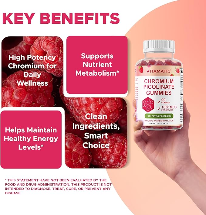 Vitamatic Chromium Picolinate 1000 mcg - 90 Gummies - High Potency Chromium - Raspberry Flavor