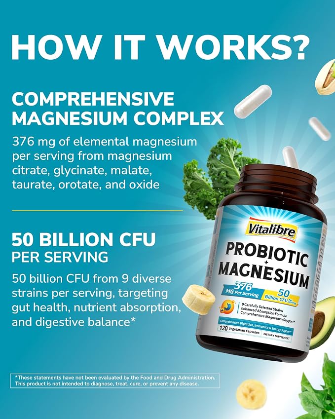 Vitalibre Probiotic with Magnesium Complex for Women Men, 50 Billion CFU, 9 Strains, Magnesium Glycinate Citrate Malate for Digestion, Immunity, Bone, Energy & Recovery, 120 Vegan Capsules, Non-GMO