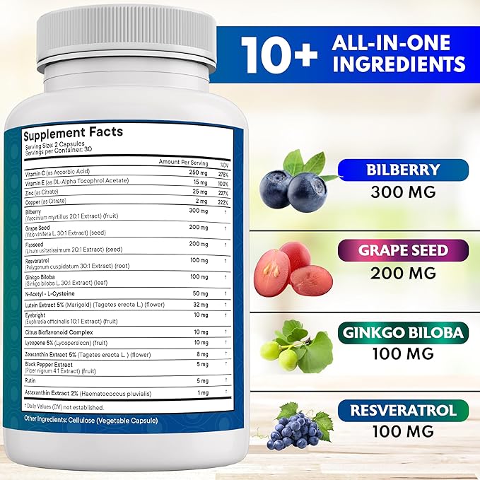 NEW AGE Eye Health Vitamins with Bilberry Lutein & Zeaxanthin Lycopene Resveratrol Grape Seed Extract Astaxanthin - Eye Vitamin - 180 Count