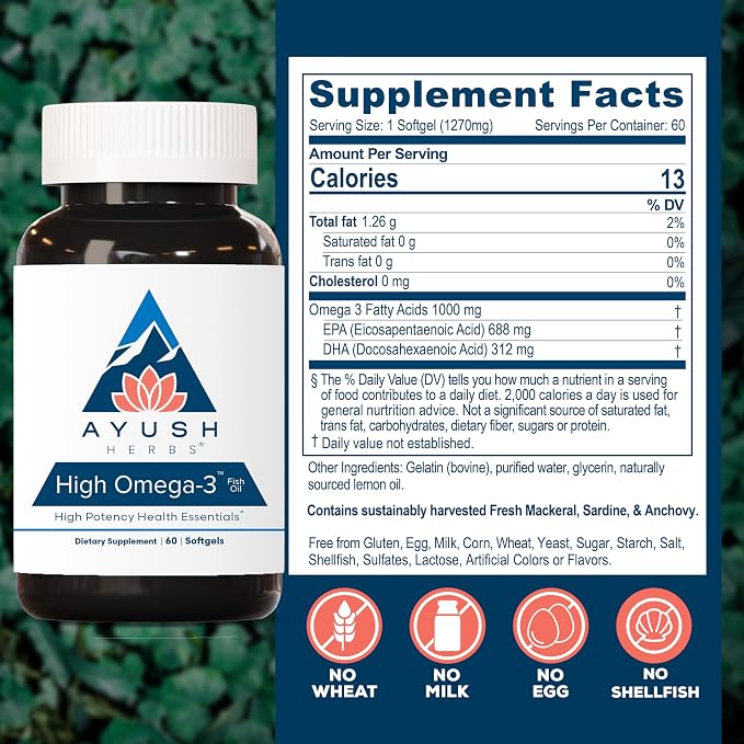 Ayush Herbs High Omega 3 - Omega 3 Fish Oil, 1000mg Per Capsule, EPA & DHA Fish Oil Supplement for Women & Men, Natural Lemon Flavor - 60 Softgel Capsules (1 Count)