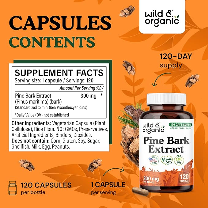 Wild & Organic Pine Bark Extract Capsules 300 mg - Antioxidant Supplement - 95% Proanthocyanidins - 120 Capsules - French Maritime Pine Bark Extract - 4-Month Supply - Pinus Maritima - Vegan, Non-GMO