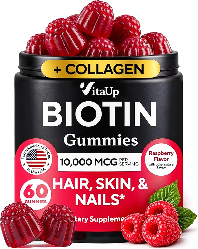 VitaUp Biotin Gummies 10000mcg for Women and Men - Extra Strength Hair, Skin and Nails Gummies with Collagen - Natural Biotin Gummy Supplement for Hair, Skin, Nails Support - 60 ct