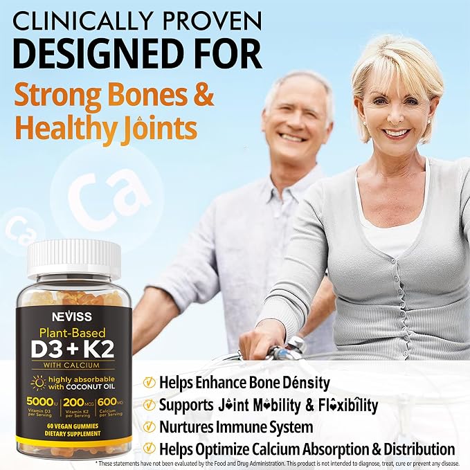 Vitamin D3 5000iu & K2( as MK7 ) 200mcg Gummies + 600mg Calcium, with Coconut Oil for High Absorption, Maximum Strength Vitamin D3 K2 Supplement - Support for Bones Muscle Teeth Immune, Vegan 60 Count
