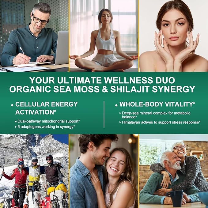 Sea Moss & Shilajit Capsules for Energy Boost - Irish Sea Moss with Black Seed Oil, Ashwagandha, Bladderwrack & Burdock Root - Himalayan Shilajit Complex with Rhodiola, Ginseng & Cordyceps - 2 Pack