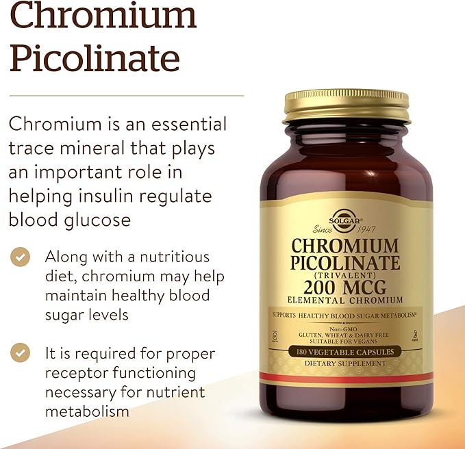 Solgar Chromium Picolinate 200 mcg, 180 Vegetable Capsules - Supports Healthy Blood Sugar Metabolism - Non-GMO, Vegan, Gluten Free, Dairy Free, Kosher - 180 Servings