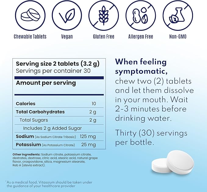 Vitassium FastChews, Chewable Electrolyte Tablets for Management of POTS and High Sodium Diets, Fast-Acting Sodium Tablets, Grape Flavor, 60 Count