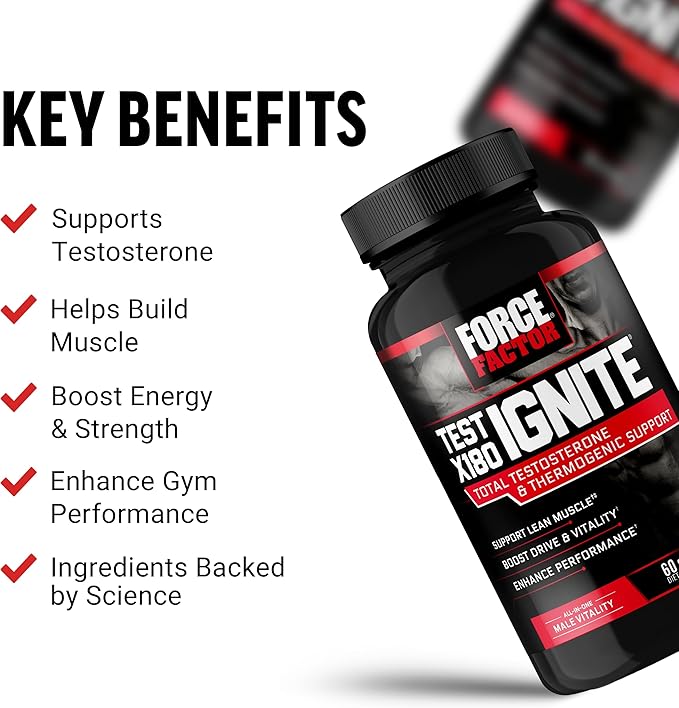Force Factor Test X180 Ignite Total Testosterone Booster for Men with Fenugreek Seed and Green Tea Extract to Build Lean Muscle, Boost Energy, and Improve Performance, 60 Count