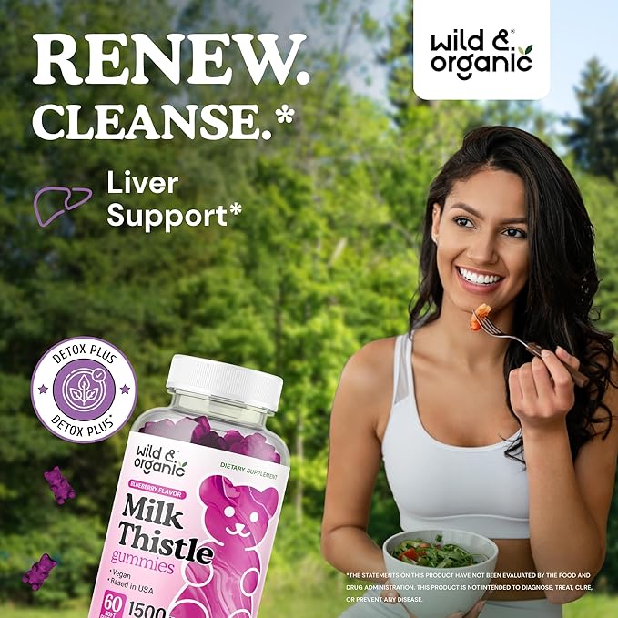 Wild & Organic Milk Thistle Gummies 1500 mg - Milk Thistle Supplement for Liver Cleanse Detox - Silymarin Liver Detox Gummies - 30 Days Supply - 60 Vegan, Non-GMO Chews