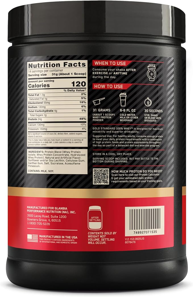 Optimum Nutrition Gold Standard 100% Whey Protein Powder, Vanilla Ice Cream, 1 Pound (Pack of 1)